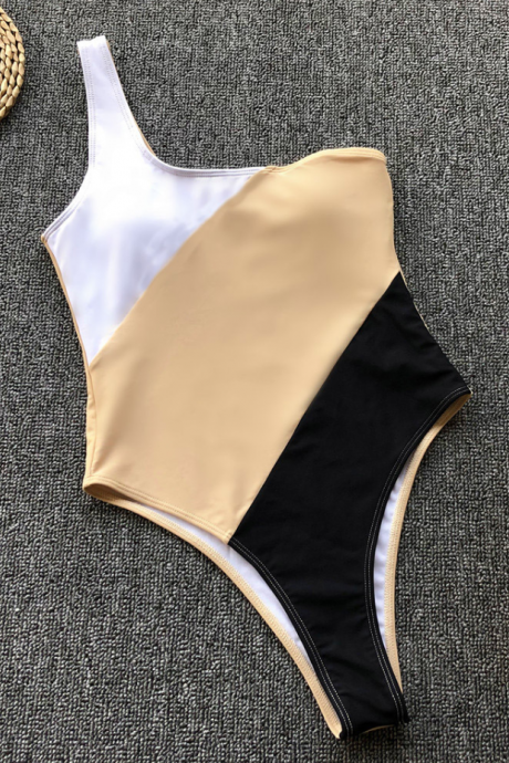 2019 new women's one-piece swimsuit stitching one-shoulder sexy one-piece bikini