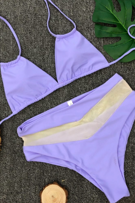 Explosion Models Ladies Split Bikini Solid Color Mesh Swimsuit