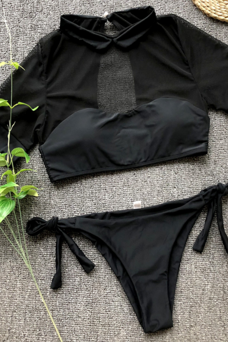 2019 new hot ladies bikini split mesh half sleeve swimwear sweet wind