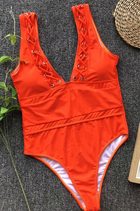 2019 Explosion Models One-piece Swimsuit Ladies Eye-catching Bikini Solid Color Swimsuit