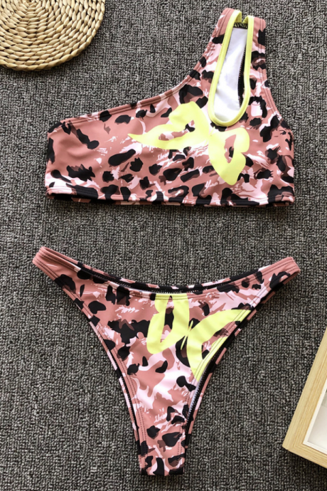 2019 Explosion Models Bikini Ladies Split Swimsuit Single Shoulder Leopard