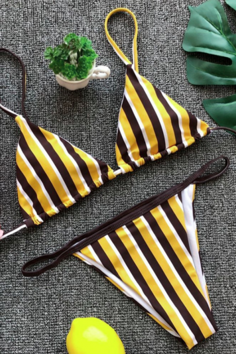 Explosive Print Striped Triangle Bikini Sexy Backless Split Swimsuit Women