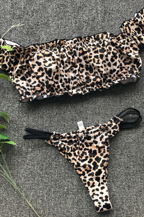 2019 explosion models bikini one shoulder short sleeve ladies split swimsuit leopard print