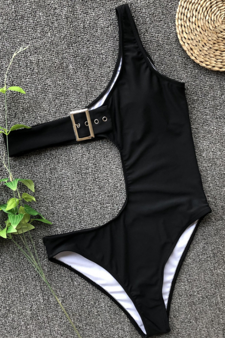 2019 Solid Color Buckle One-piece Swimsuit One Shoulder Explosion Model Bikini One-piece Swimsuit Female