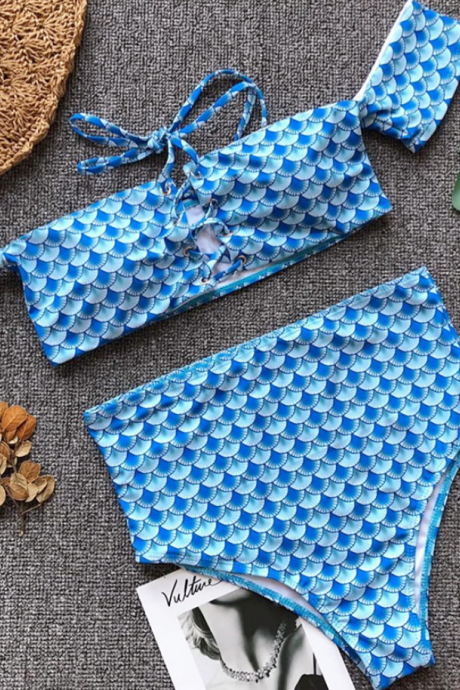 Explosive Models Split Swimsuit Sexy Bikini Fish Scale Print Strapless High Waist Swimsuit