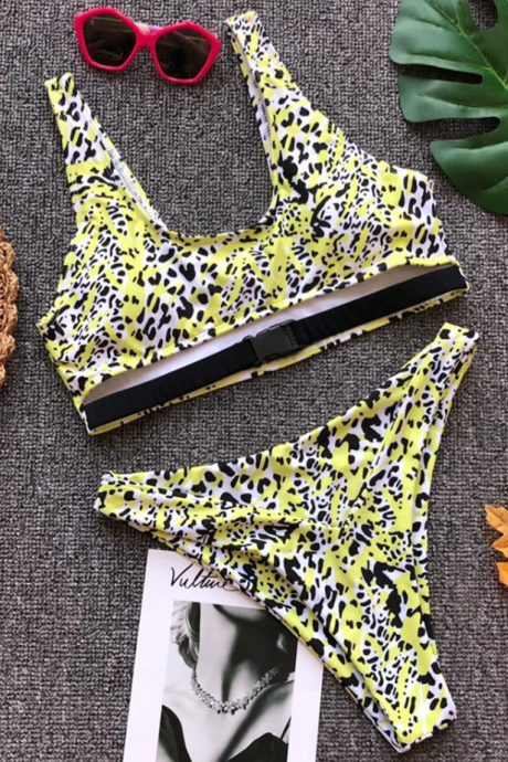Explosion Models Buckle Bikini Leopard Print Sexy Ladies Split Swimsuit