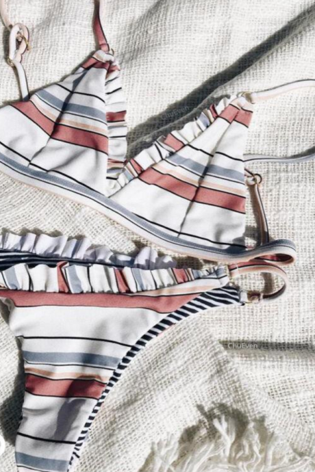 Explosion Ruffled Bikini Striped Print Split Triangle Female Swimsuit Swimsuit