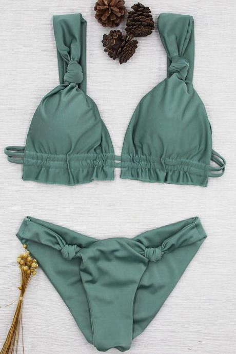 Explosive shoulder strap knotted solid color bikini split swimsuit multicolor army green
