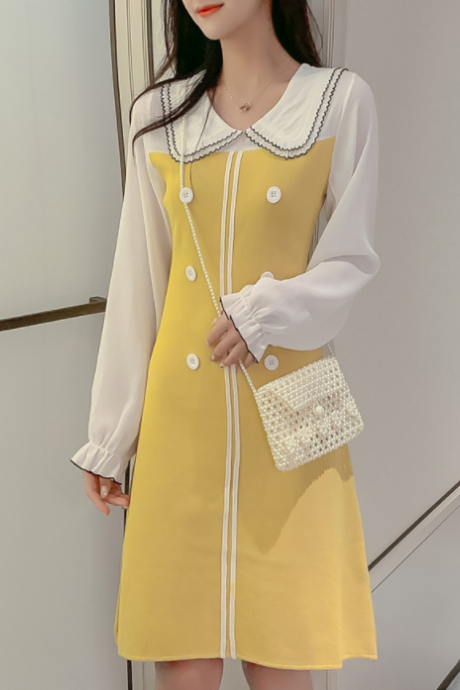 Early Autumn Knitted Chiffon Stitching Dress Children's Doll Collar Long Long Sleeve Bag Hip Skirt Yellow