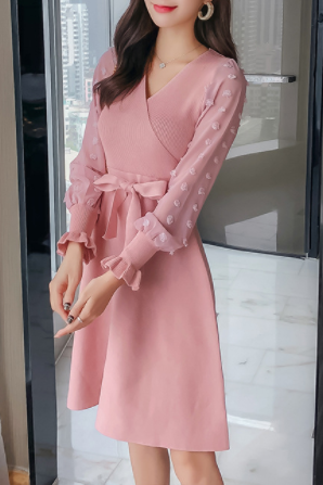 Fall Autumn Spring Pink Long Sleeves V Neck Casual Skater Dress With Bow Belt