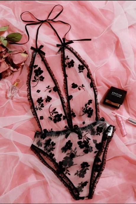 Black printing perspective screen one piece lingerie