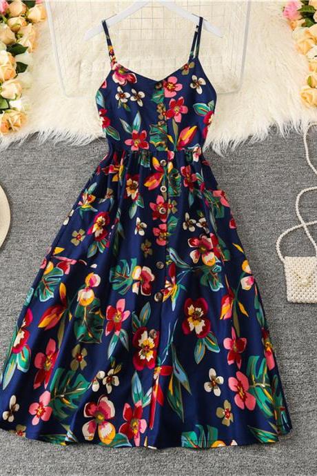 Summer Mid-length Cotton Silk Dress High Waist Slim Floral Skirt Suspender Dress
