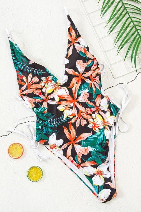 One-Piece Swimsuit Floral Strap Deep V Sexy Bikini Swimwear