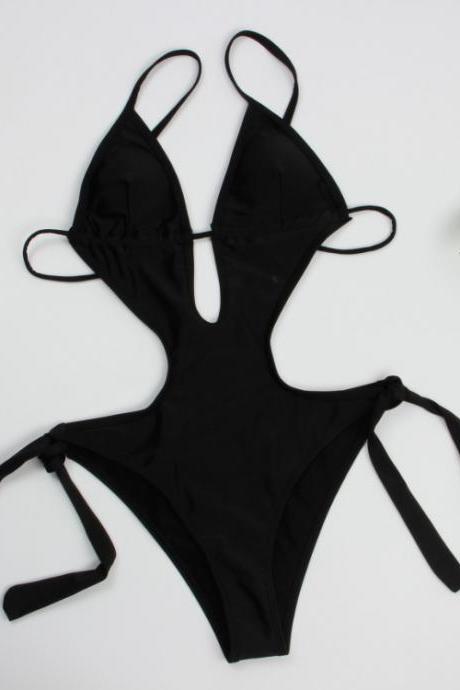 Sleeveless high-fork skinny slim cross bikini casual black sexy solid color swimsuit swimwear