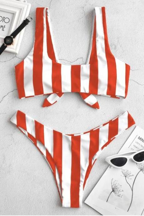 New striped bowknot swimsuit feminine split bikini swimwear