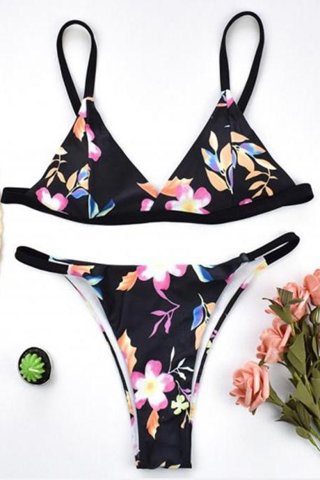 Floral Swimsuit Ladies Sexy Printed High-cut Bikini Two-piece Set Swimwear