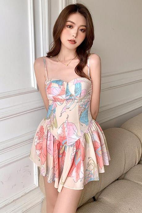 Floral Suspender Dress Pants A-line Sexy Fishtail Pleated Slim Fashion Tube Top Short Skirt Women