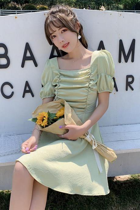 Summer Style French Romantic Square Collar Short-sleeved Solid Color Sexy Skirt Dress