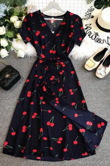 Summer V-neck Skirt Cherry Mid-length Wrap Dress Slim Floral Milk Silk Dress