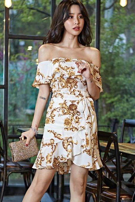 Style Fashion Temperament One-shoulder Printed Dress With Waistband Dress Skirt