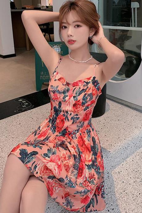 Holiday Style Sexy Off-shoulder Suspender Dress Slim Small Ladies Dress Floral Dress
