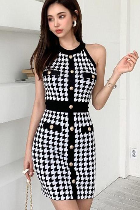 Summer houndstooth knitted dress new single-breasted sexy slim bag hip skirt