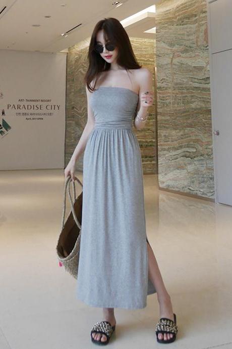 Summer Style Side Slit Folds Strapless Breast-wrapped Dress Modal Long Skirt Casual One-step Skirt