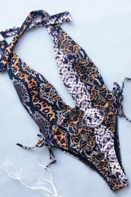 Retro sequin sexy deep V one-piece swimsuit flashing diamond export snake skin one-piece swimwear Bikini