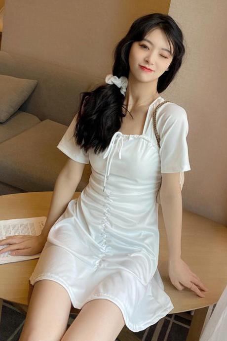 Slim High Waist Solid Color Pleated Lace-up Square Collar Mid-length Dress Women's Clothing