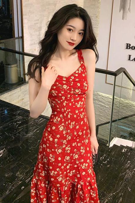 Floral Sling Dress Waist Is Thinner, Large Size Covering Meat Red Sling Dress Women