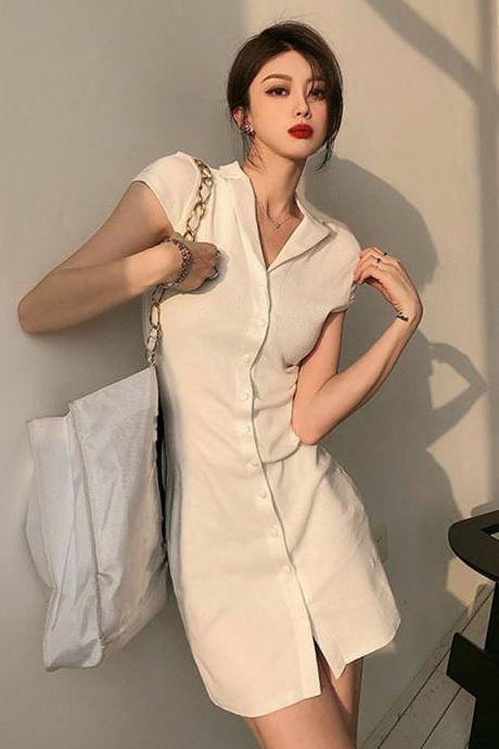 Summer Collar Knitted Dress, Tight-fitting And Thin, Buttocks Short Skirt, White Long-sleeved Skirt