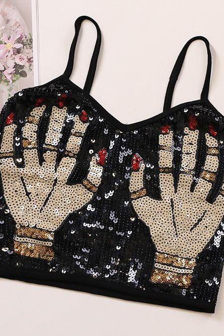New style sexy embroidered sequined magic hand for outer wear short navel camisole vest