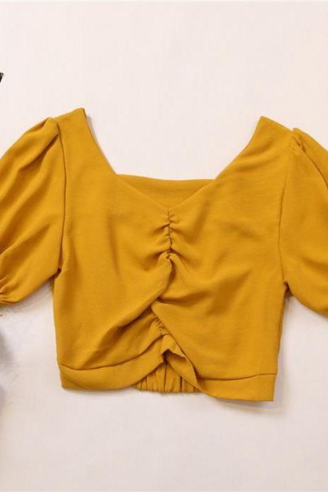 V-neck Sexy Blouse Women's High Waist Short Cropped Short-sleeved Pullover Chiffon Shirt