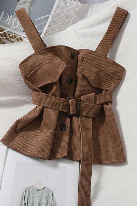 Fashion buttoned corduroy sling waist corduroy vest vest top