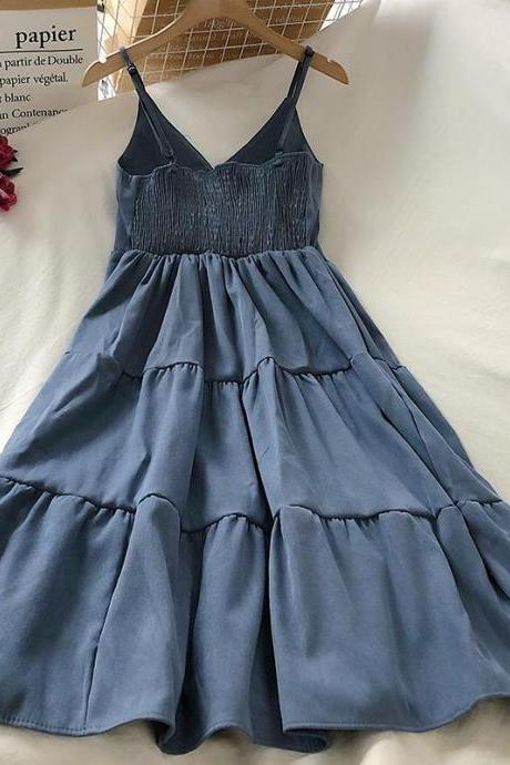 Summer Dress Retro Small Fresh Forest Solid Color V-neck High Waist Slimming Ruffled Camisole Skirt Dress