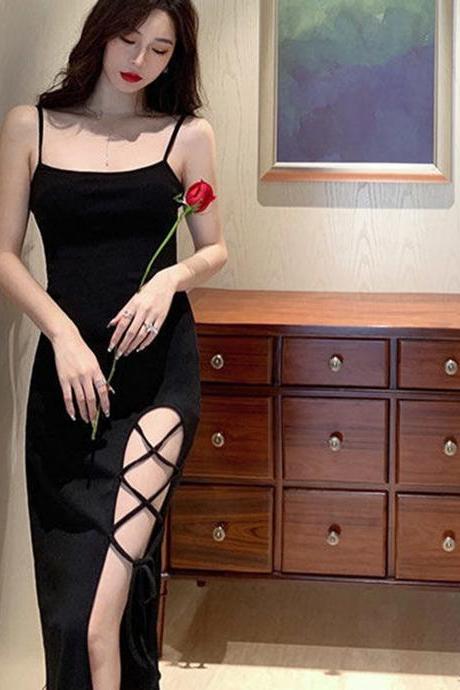 Sling Skirt Dress Women's High Waist Split Mid-length Skirt Slim Slim Little Black Dress