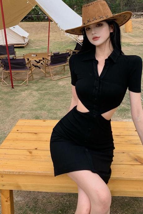 Retro sexy black dress spring and summer new waist show thin temperament skirt