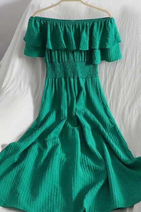 All-match Solid Color Waist Big Hem Long Skirt Summer Dress Off-shoulder Ruffled Neckline Dress