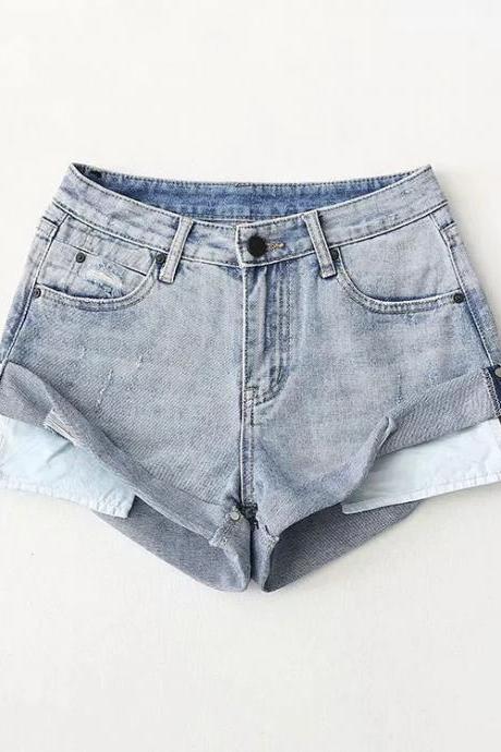 Holed denim hot pants flannel pocket High Waist Shorts women's summer trend