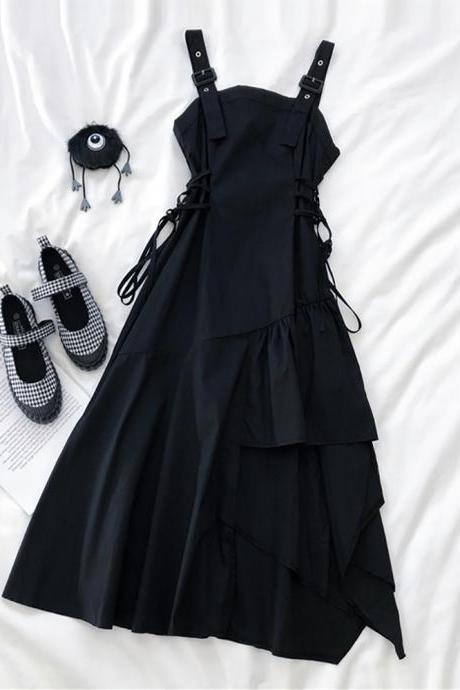 Black Suspender Skirt, Dark Wind Dress, Design Sense, Small Waist Skirt, Irregular Small Suspender Skirt