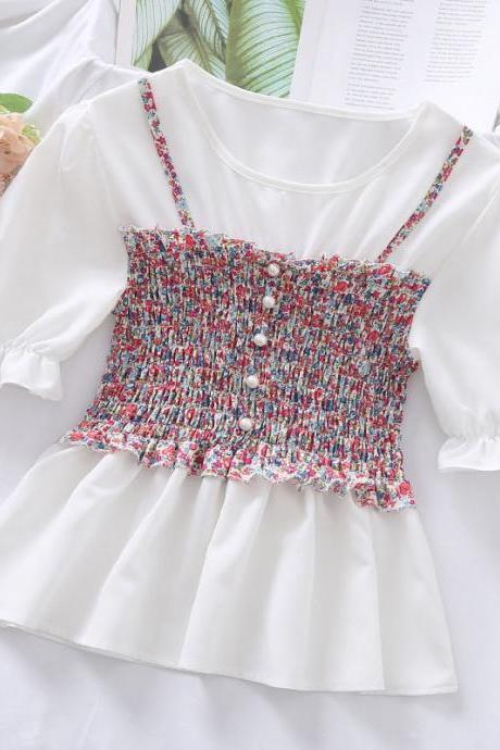 Summer Floral Stitching Age-reducing Chiffon Shirt Waist All-match Blouse Top