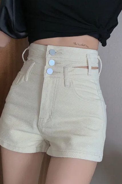 High waist denim shorts women's new SLIM STRAIGHT pants in summer show thin design sense hollow tooling a