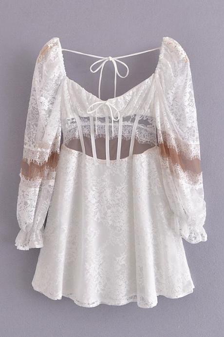Open Back White Lace Puff Sleeve Mini Dress
