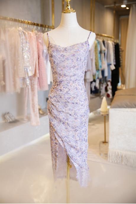 Purple bright silk print dress women's floral high split design sense slim suspender medium length skirt