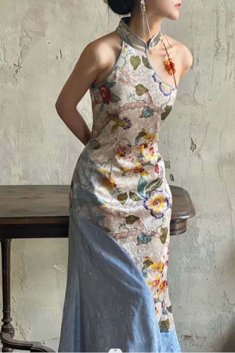 Backyard Spring Ancient Painting Color Matching Neck Dress Spring And Summer