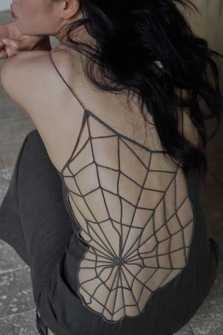 Open Back Waist Cut Out Long Skirt With Spider Web Dress