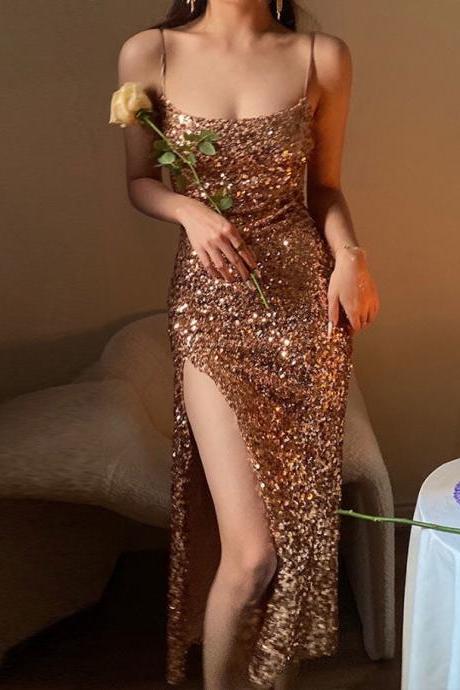 Gold Sequin Split Sexy Suspender Dress With Feminine Temperament, Waist Closing, Thin And Medium Length Dress