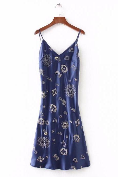 12 Constellations Embroidered Suspender Dress High Quality