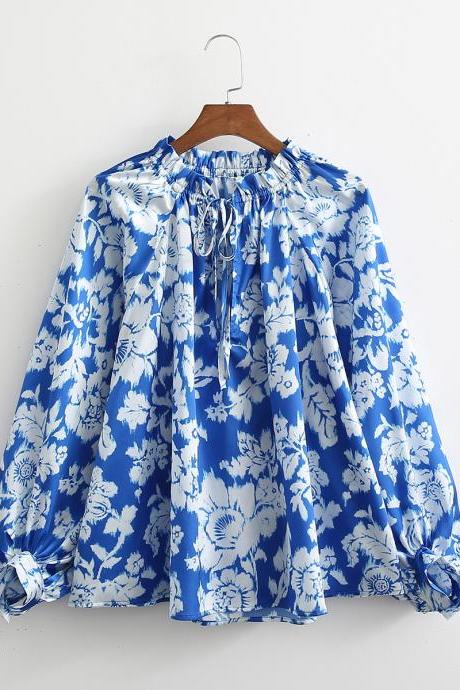 Spring Women's Long-sleeved Blue Flower Printed Shirt