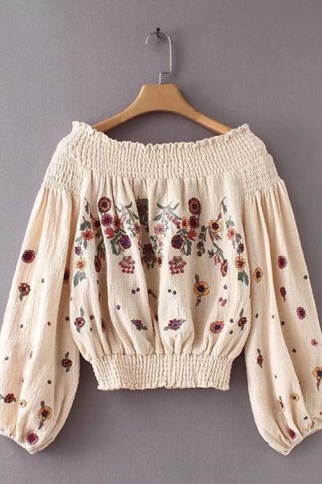 Spring and summer women's new wholesale holiday style off-shoulder embroidery top